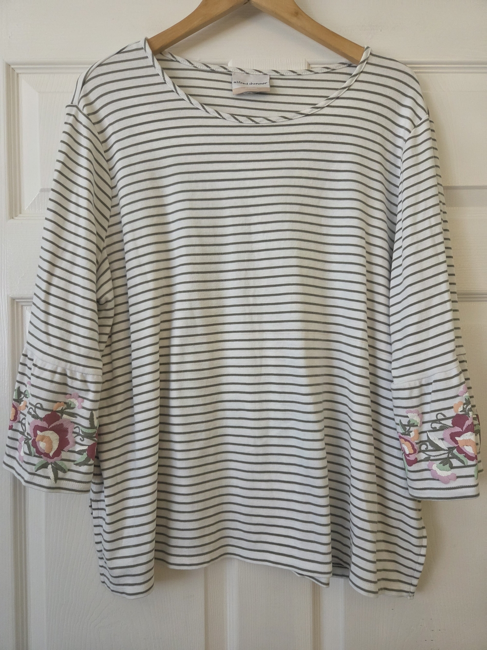 Alfred Dunner Cream and Black Striped Top with Floral Sleeve Embroidery